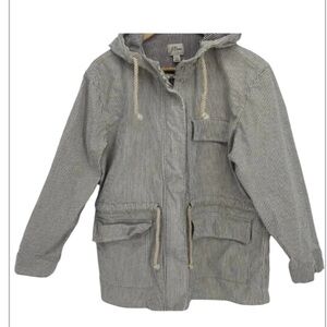J. Crew women’s Large long sleeve zip & snap railroad striped hooded white coat